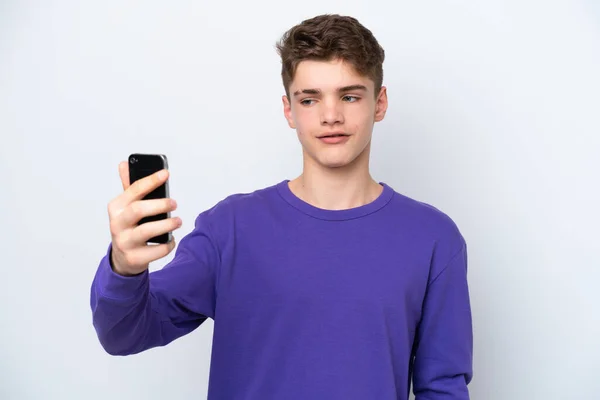 Teenager Russian Man Isolated White Background Making Selfie — Stock Photo, Image