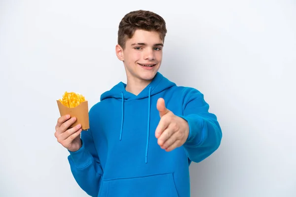 Teenager Russian Man Holding Fried Potatoes Isolated White Background Shaking — Stock Photo, Image