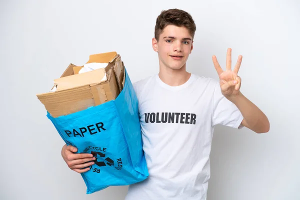 Неповнолітній Росіянин Який Тримає Паперовий Пакет Ізольований Білому Фоні Щасливий — стокове фото