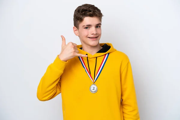 Tonåring Rysk Man Med Medaljer Isolerade Vit Bakgrund Gör Telefongest — Stockfoto