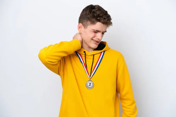Подросток Русский Мужчина Медалями Изолированы Белом Фоне Шеей — стоковое фото