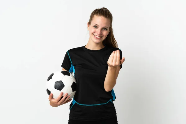 Ung Fotbollsspelare Kvinna Isolerad Vit Bakgrund Inbjudande Att Komma Med — Stockfoto