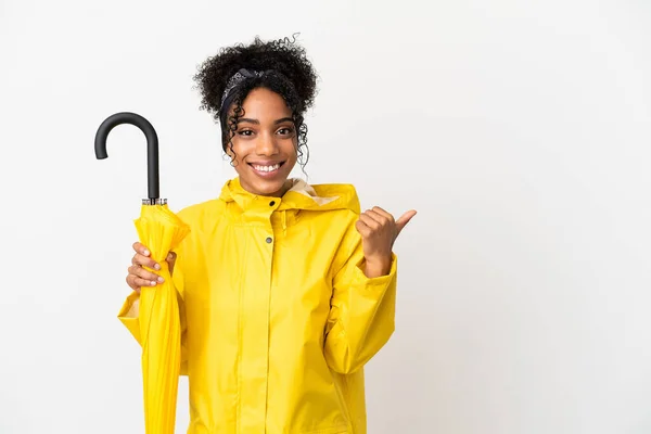 Jovem Com Capa Impermeável Guarda Chuva Isolada Sobre Fundo Branco — Fotografia de Stock