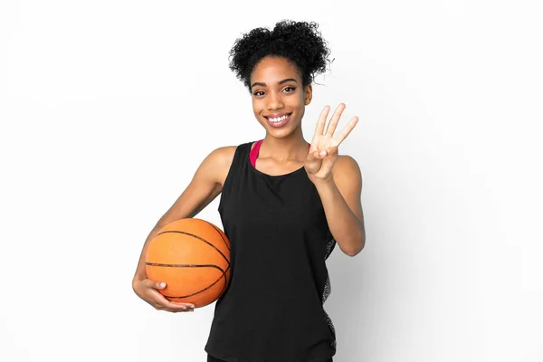 Молодая Баскетболистка Латиноамериканка Белом Фоне Счастлива Считает Троих Пальцами — стоковое фото