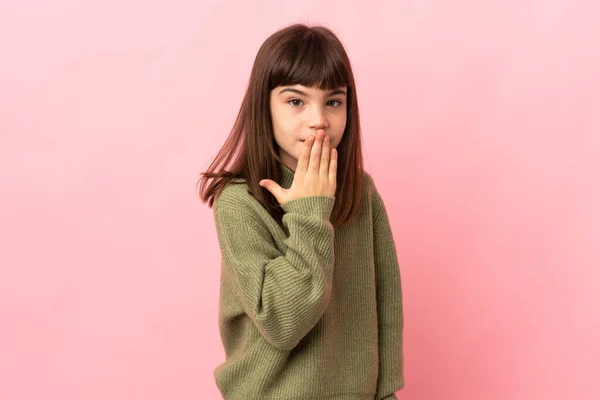 Little Girl Isolated Pink Background Covering Mouth Hand — Stock Photo, Image