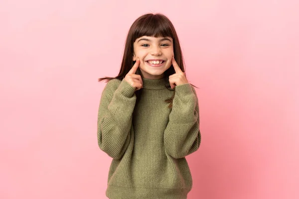 Little Girl Isolated Pink Background Smiling Happy Pleasant Expression — Stock Photo, Image