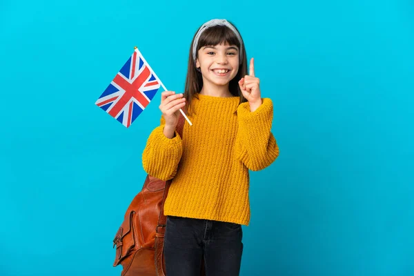 Malá Holka Studující Angličtinu Izolované Modrém Pozadí Ukazuje Skvělý Nápad — Stock fotografie