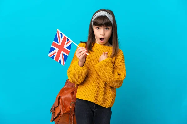 Malá Dívka Studuje Angličtinu Izolované Modrém Pozadí Překvapením Výraz Obličeje — Stock fotografie