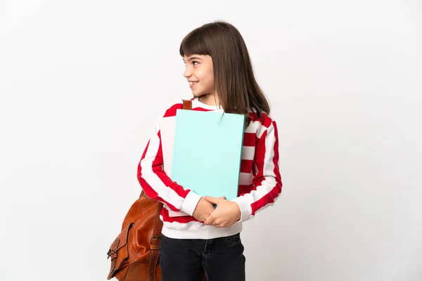 Little Student Girl Isolated White Background Looking Side — Stock Photo, Image