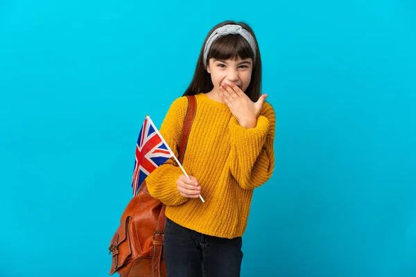 Malá Dívka Studující Angličtinu Izolované Modrém Pozadí Šťastný Usmívající Pokrývající — Stock fotografie