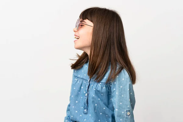 Little Girl Sunglasses Isolated White Background Laughing Lateral Position — Stock Photo, Image