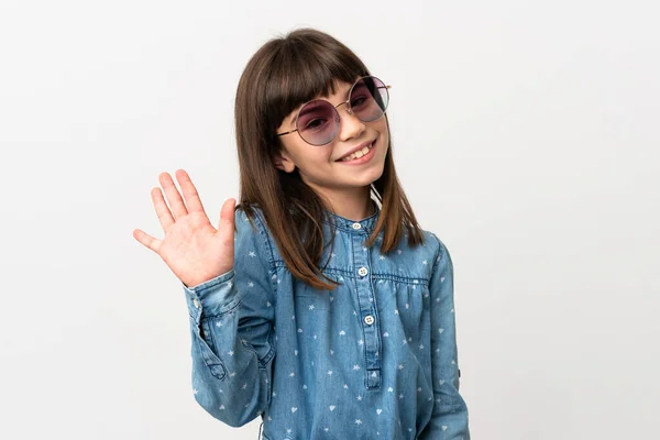 Little Girl Sunglasses Isolated White Background Saluting Hand Happy Expression — Stock Photo, Image