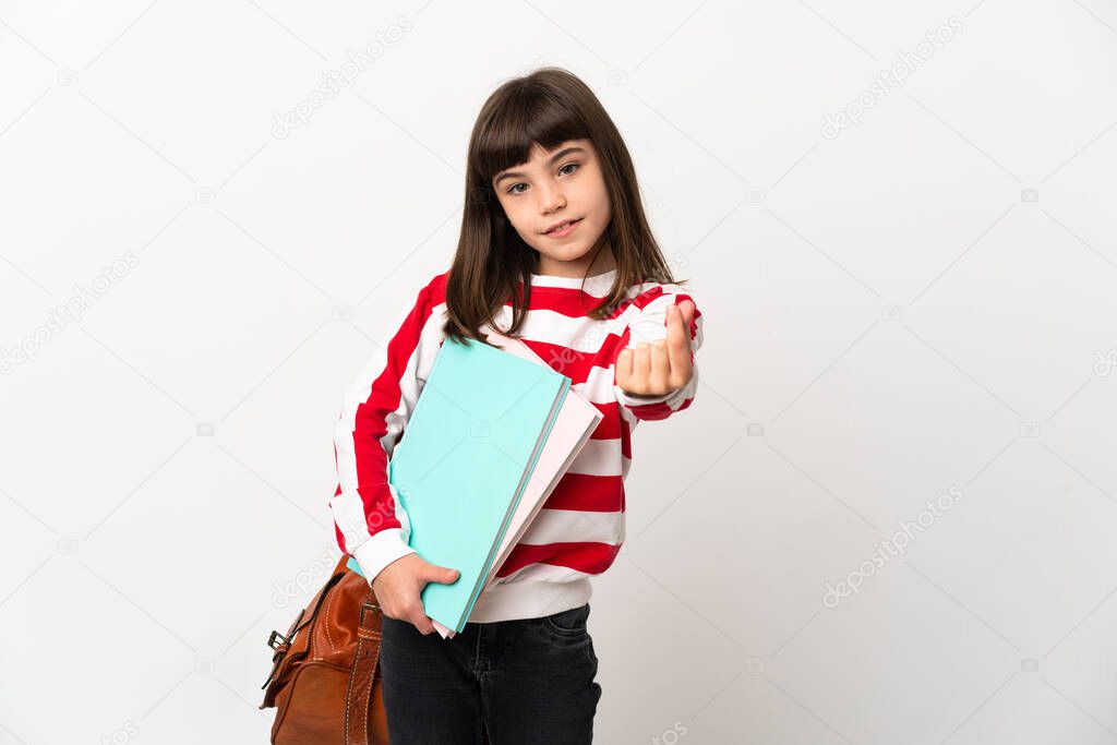 Little student girl isolated on white background making money gesture