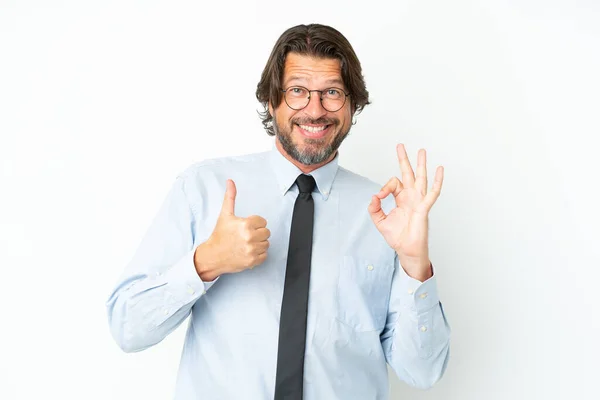 Senior Dutch Business Man Isolated White Background Showing Sign Thumb — Stock Photo, Image