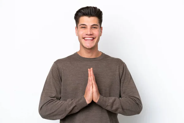 Jonge Knappe Blanke Man Geïsoleerd Witte Bakgrond Houdt Palm Bij — Stockfoto