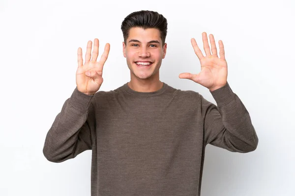 Jonge Knappe Blanke Man Geïsoleerd Witte Bakcground Tellen Negen Met — Stockfoto