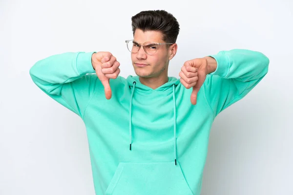 Jovem Bonito Caucasiano Homem Isolado Branco Bakcground Mostrando Polegar Para — Fotografia de Stock