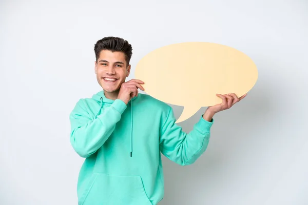 Young Handsome Caucasian Man Isolated White Bakcground Holding Empty Speech — Stock Photo, Image