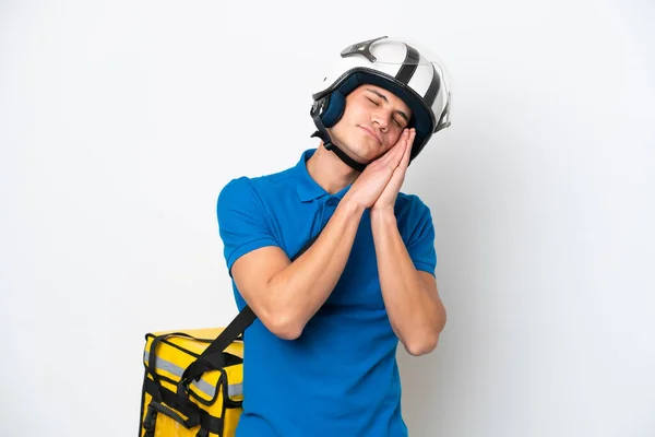 Jonge Blanke Man Met Thermische Rugzak Geïsoleerd Witte Achtergrond Waardoor — Stockfoto