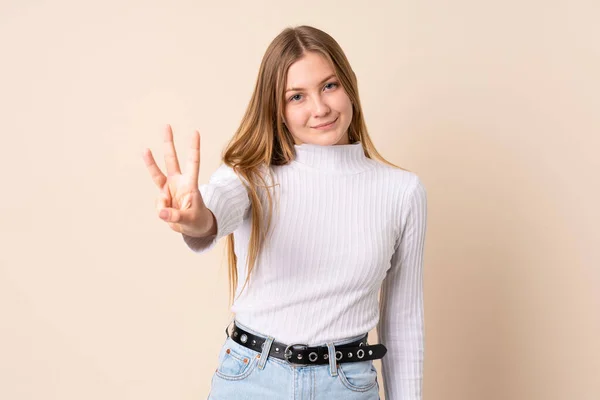 Tiener Oekraïense Meisje Geïsoleerd Beige Achtergrond Gelukkig Tellen Drie Met — Stockfoto
