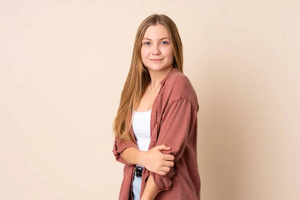 Teenager Ukrainische Mädchen Isoliert Auf Beigem Hintergrund Lachen — Stockfoto