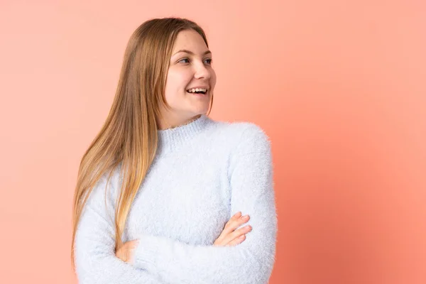 Adolescente Ucraniano Chica Aislado Rosa Fondo Feliz Sonriente —  Fotos de Stock
