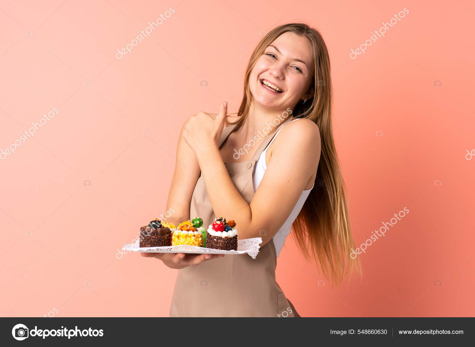 Pastry Ukrainian Chef Holding Muffins Isolated Pink Background