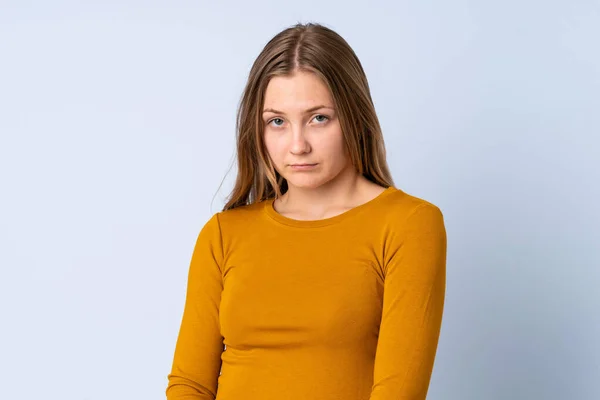 Teenager Ukrainian Girl Isolated Blue Background Sad Expression — Stock Photo, Image