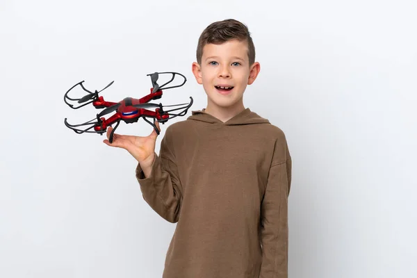 Little Caucasian Boy Holding Drone Isolated White Background Surprise Facial — Stock Photo, Image