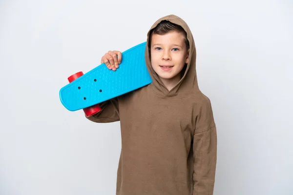 Menino Caucasiano Isolado Fundo Branco Com Skate — Fotografia de Stock