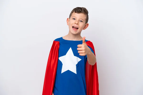 Super Hrdina Malý Chlapec Izolovaný Bílém Pozadí Palci Nahoru Protože — Stock fotografie