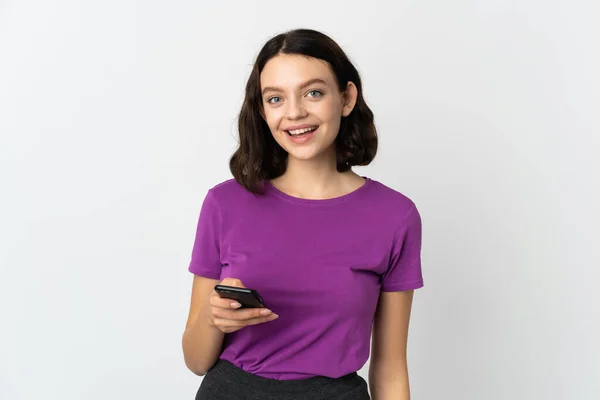 Teenager Ukrán Lány Elszigetelt Fehér Háttér Segítségével Mobiltelefon — Stock Fotó