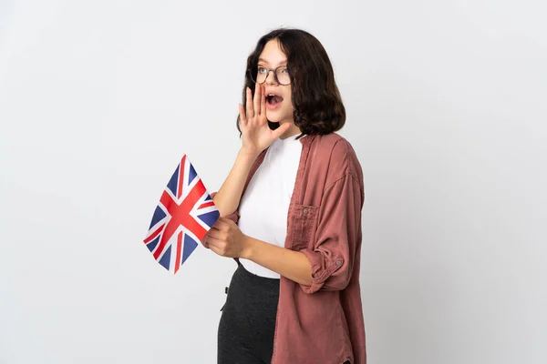 Tini Ukrán Lány Gazdaság Egy Egyesült Királyság Zászló Kiabál Száj — Stock Fotó