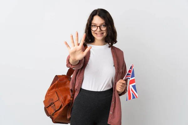 Teenager Ukrajinská Dívka Drží Vlajku Spojeného Království Počítání Pět Prsty — Stock fotografie