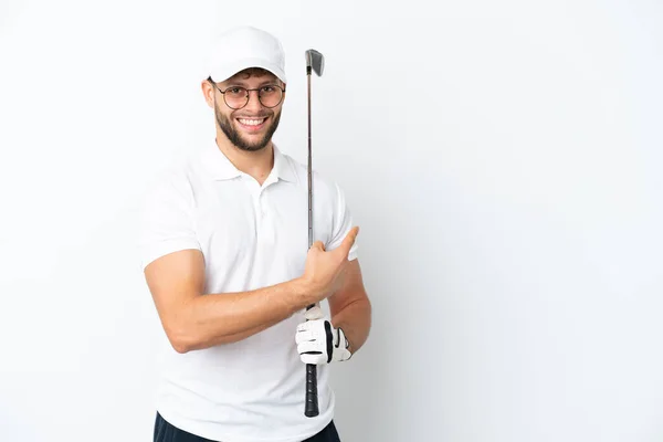Stilig Ung Man Spelar Golf Isolerad Vit Bakgrund Pekar Tillbaka — Stockfoto