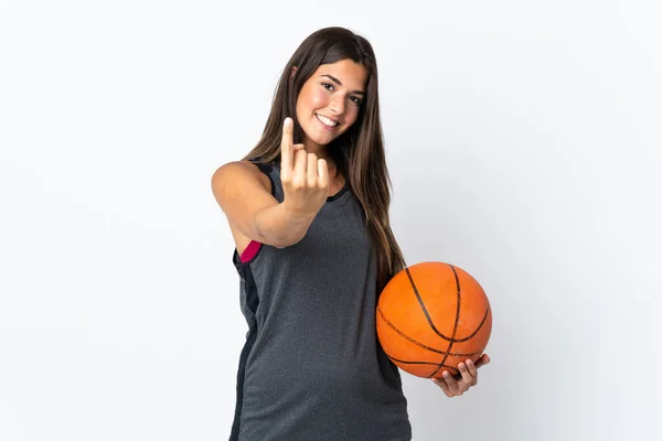 Jovem Brasileira Jogando Basquete Isolado Fundo Branco Fazendo Gesto Vindo — Fotografia de Stock