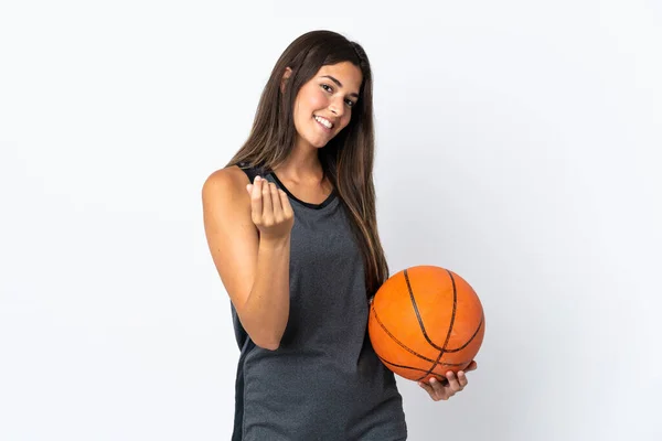 Jeune Femme Brésilienne Jouant Basket Isolé Sur Fond Blanc Faisant — Photo