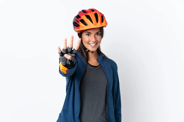 Mladý Cyklista Brazilský Dívka Izolované Bílém Pozadí Šťastný Počítání Čtyři — Stock fotografie