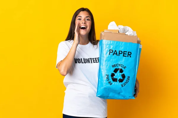 Young Brazilian Girl Holding Recycling Bag Full Paper Recycle Isolated — Stock Photo, Image