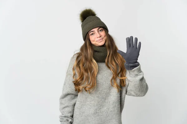 Mulher Caucasiana Jovem Com Chapéu Inverno Isolado Fundo Branco Contando — Fotografia de Stock