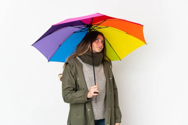 Junge Kaukasische Frau Hält Einen Regenschirm Isoliert Auf Weißem Hintergrund — Stockfoto