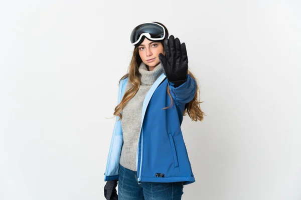 Chica Esquiadora Con Gafas Snowboard Aisladas Sobre Fondo Blanco Haciendo —  Fotos de Stock