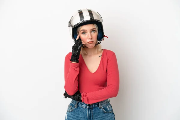 Young Caucasian Woman Motorcycle Helmet Isolated White Background Thinking Idea — Stock Photo, Image