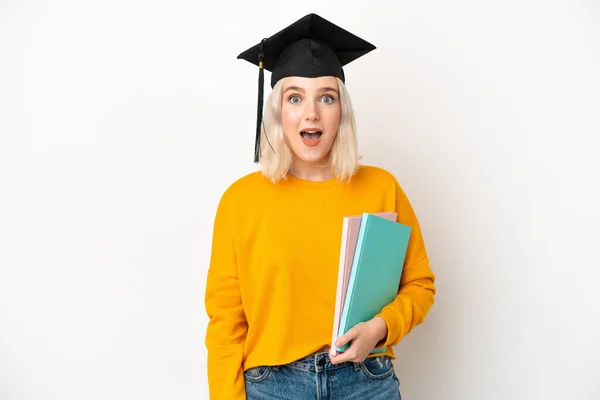 Young University Caucasian Woman Graduate Isolated White Background Surprise Facial — Stock Photo, Image