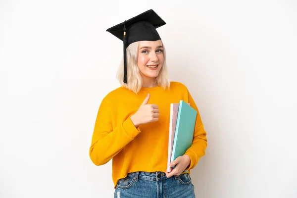 Young University Caucasian Woman Graduate Isolated White Background Giving Thumbs — Stock Photo, Image