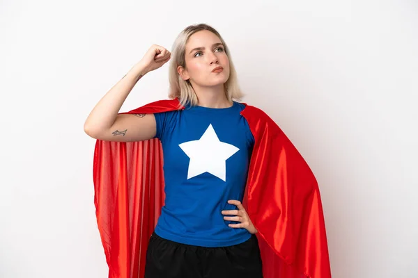 Young Caucasian Woman Isolated White Background Superhero Costume Having Doubts — Stock Photo, Image
