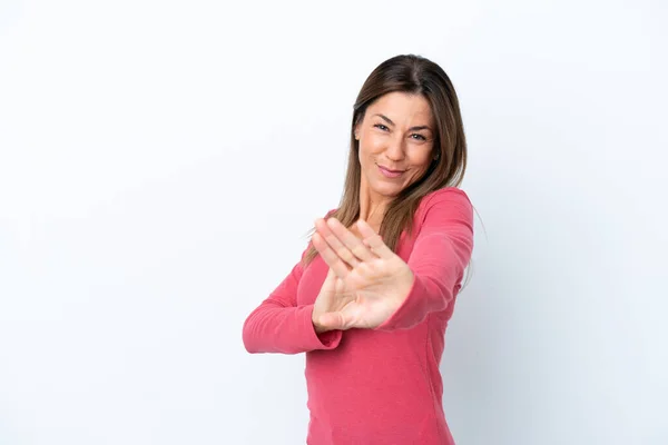 Mujer Caucásica Mediana Edad Aislada Sobre Fondo Blanco Nervioso Estirando — Foto de Stock