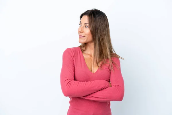 Mujer Caucásica Mediana Edad Aislada Sobre Fondo Blanco Manteniendo Los —  Fotos de Stock