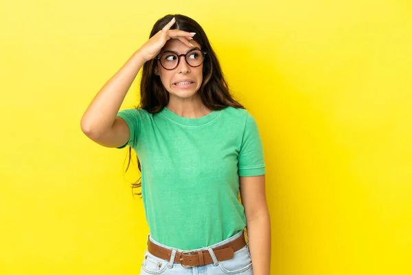 Young Caucasian Woman Isolated Yellow Background Doing Surprise Gesture While — Stock Photo, Image