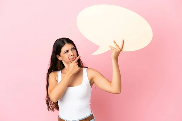 Young Caucasian Woman Isolated Pink Background Holding Empty Speech Bubble — Stock Photo, Image